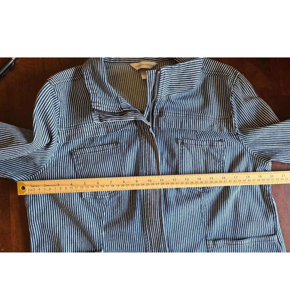 Christopher & Banks Blue White Striped Zip Utility Denim Jacket Womens Large - Picture 6 of 8